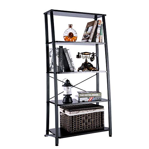 FIVEGIVEN 5 Shelf Ladder Bookshelf Tall Modern Office Book Shelf Wood Look Metal Frame Open Bookcase Brownish Black - Thumbnail 2