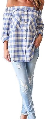 ZhengYuan Women's Stripe Off Shoulder Plaid Pocket Tee Shirt Top Blouse (Medium)