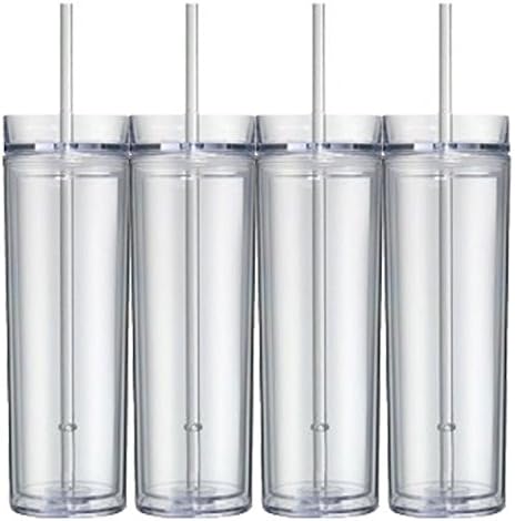 Set of 4 Clear Tall Skinny Tumblers, Acrylic 16 Ounce Tumblers with Straw, Blank Cup for Monogram, Vinyl, Personalization