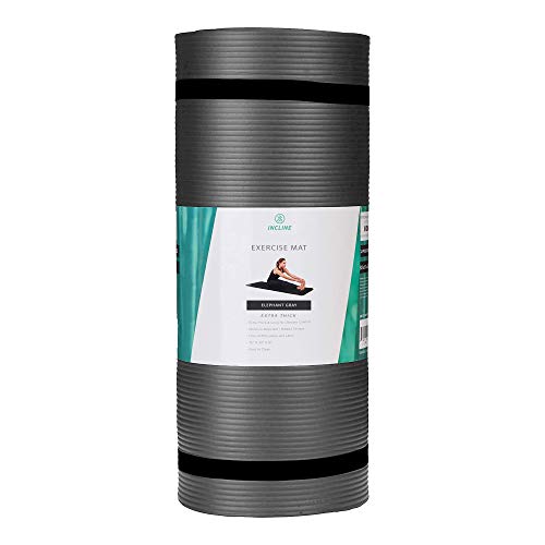 Incline Fit Exercise Mat Ananda 4/5" Extra Thick Exercise Mat with Strap - Non Slip Workout Mat for Yoga, Pilates, Stretching, Meditation, Floor & Fitness Exercises, Elephant Gray