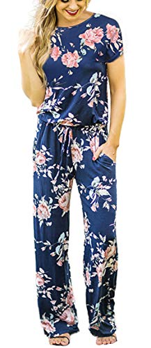 RichCoco Women's Floral Printed Jumpsuit Casual O Neck Loose Long Wide Legs Pants Jumpsuit Rompers with Pockets (Blue, S)