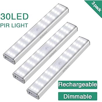 30 LED Motion Sensor Closet Light, Zora Dimmable 1500mAh USB Rechargeable Kitchen Lights Battery Operated, Wireless Portable Stick on Under Cabinet Lights for Counter Stair Hallway 3pack