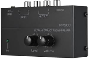SAIZHUO Phono Turntable Preamp-Mini Audio Stereo Phonograph，Separate DC 12V Power Adapter, RCA Input, RCA Output & Low Noise preamp,Portable, Independent Knob Control Operation -Depusheng PP500, Black