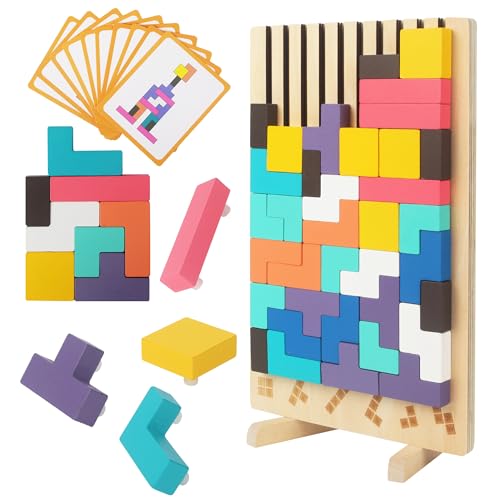 Tetris Wooden Stacking Game Educational Toys with 10 Cards Intelligence Jigsaw Puzzle Children 3 4 5 6 Years Old Colorful Geometric Blocks Tetris Educational Gift