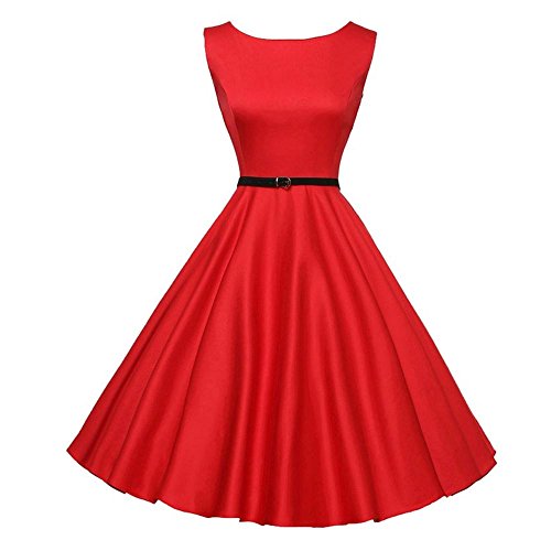 Clearance ! sfe Women Monochrome Audrey Hepburn Style Sleeveless Slim Fit Elegant Cocktail Dress Wedding Party Formal Swing Dresses (M, Red)