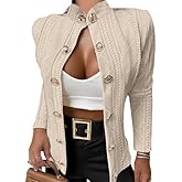 CHICME Women Argyle Cable Cardigan Casual Lightweight Cropped Coat Stand Collar Long Sleeve Metal Button Front Spring Jackets