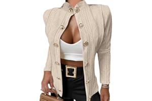CHICME Women Argyle Cable Cardigan Casual Lightweight Cropped Coat Stand Collar Long Sleeve Metal Button Front Fall Jackets