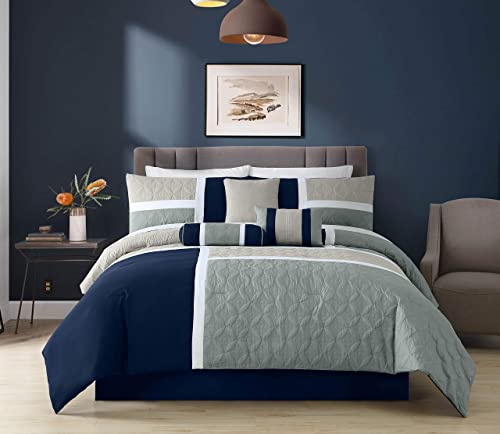 Chezmoi Collection Upland - Juego de Ropa de Cama Acolchado de Retazos de 7 Piezas, Azul Marino/Azul/Gris, tamaño King
