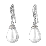 FENDINA Women 18K White Gold Plated Freshwater Cultured Shell Pearl Earrings Cubic Zirconia Paved Wedding Dangle