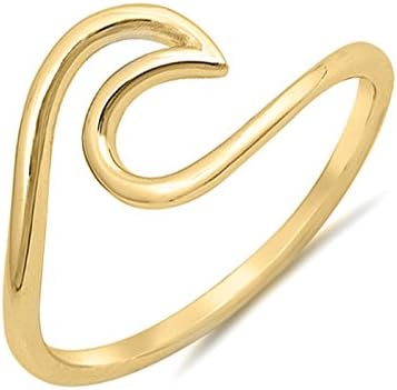 .925 Sterling Silver Wave Design Simple Plain Surfer Ocean Waves Nautical Ring Band Size 9 - Gold