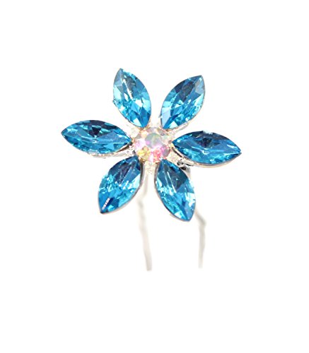 Blue Crystal Flower Hair Pins with Rhinestone for Bridal, Wedding, and Prom Accessory (Set of 8)