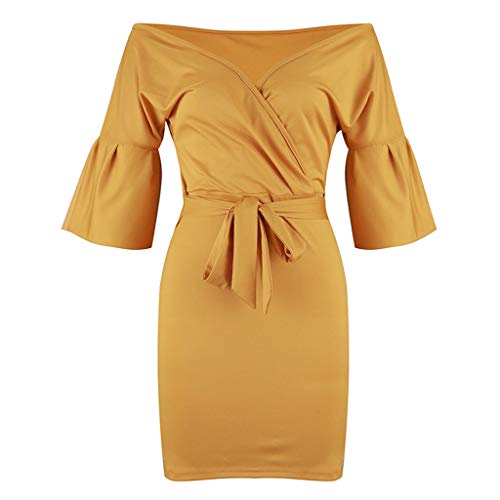 Women’s Strapless Bodycon Pencil Dress – Spring Summer Sexy V-Neck Long Sleeve Bandage Slim Knee-Length Dress