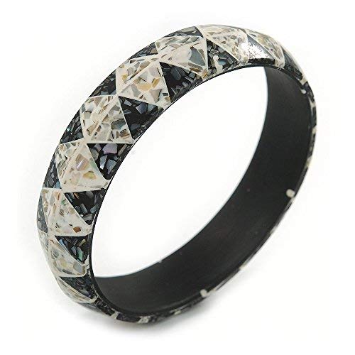 Avalaya Grey/White Mosaic Shell Component Resin Bangle Bracelet - 18cm L/Medium