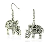 SUNSCSC Silver Plated Cute Carve Turquoise Pendant Elephant Necklace Ear Wire Hook Dangle Earrings Set (1 Pair Earrings)