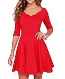 Tengo Women Slim Flared Tunic Corrugated Neckline Dress (M, Red)
