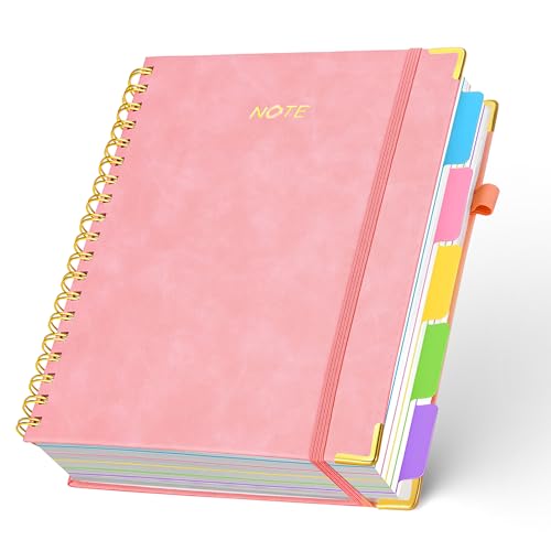 FREBLASO 5 Subject Notebook with Removable Dividers Tabs, 300 Pages Leather Hardcover Spiral Notebook College Ruled, 8"x10" Large B5 Notebooks for Work School, Lined Journal for Women, Pink