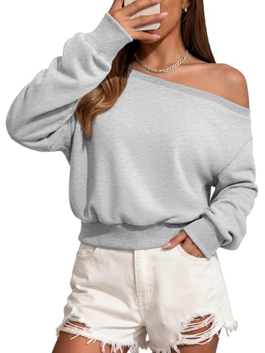 ATHMILE Womens Off the Shoulder Sweatshirt Long Sleeve Crop Top Gray at Amazon