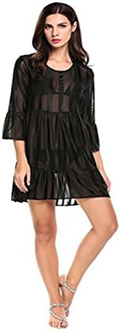 UnionFashionli Silky 3 /4 Sleeve Scoop Neck Black See-through Pajamas Cover-Ups