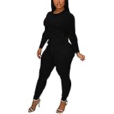 TOPSRANI Womens Two Piece Outfits Bodycon Tracksuit Sweatsuits Solid Jogger Workout Gym Biker Lounge Long Sleeve Pant Sets