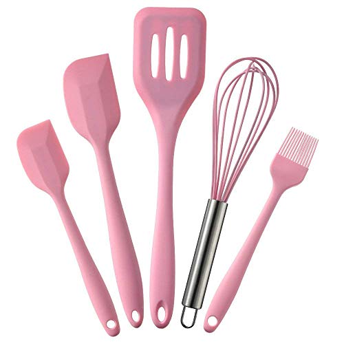 Mianzu Home Basics Silicone Baking Utensils Set (5 Piece) BPA Free - 2 Size Spatula, Pastry Brush, Egg Beater, Slotted Turner - Heat Resistant Utensils(Pink)