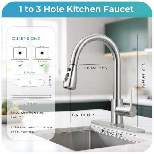 LUFG Brushed Nickel Kitchen Faucet with Pull Down Sprayer and Deck Plate | SUS 304 Stainless Steel, Single Handle, 3 Spray Modes, 360° Swivel Spout, RV Laundry Bar Sink, Deck Plate, NSF372 NSF61 cUPC