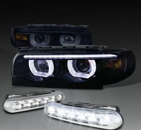 Premium Headlights+LED Fog Lamps, Fit for BMW E38 740 750 1995-2001, Smoke Halo LED Projector