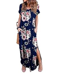 Vestido largo estampado floral con cuello en V para mujer Manga corta de verano Vestidos casuales largos sueltos de playa con bolsillos