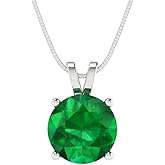 Clara Pucci 14K White Gold Plated Solitaire 16" Box-Chain Necklace - Sterling Silver 3ct Round Cut Emerald Pendant