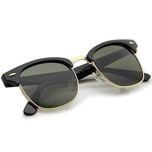 zeroUV - Premium Half Frame Horn Rimmed Sunglasses with Metal Rivets (Black-Gold / Green)