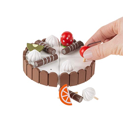 Hey!Play! Birthday Cake-Kids Wooden Magnetic Dessert with Cutting Knife, Fruit Toppings, Chocolate & Vanilla Swirls-Fun Pretend Play Party Food - Thumbnail 2