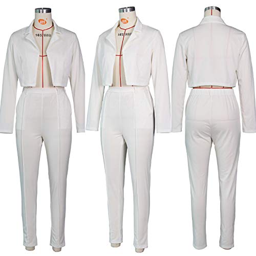 Tracksuit Women Long Sleeve Blazer Jacket Coat and Pants 2 Piece Set Suit Slim Fit Bussiness Coat and Pants Set 2-White Medium - Thumbnail 4