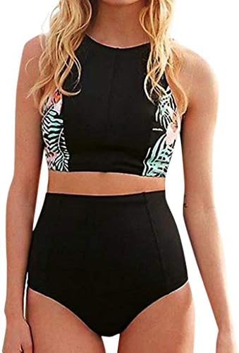 Jchen(TM) Women Tankini Sets Ladies Swimsuits Retro Leaves Floral Print Tops with High Waisted Bottoms Bathing Suits