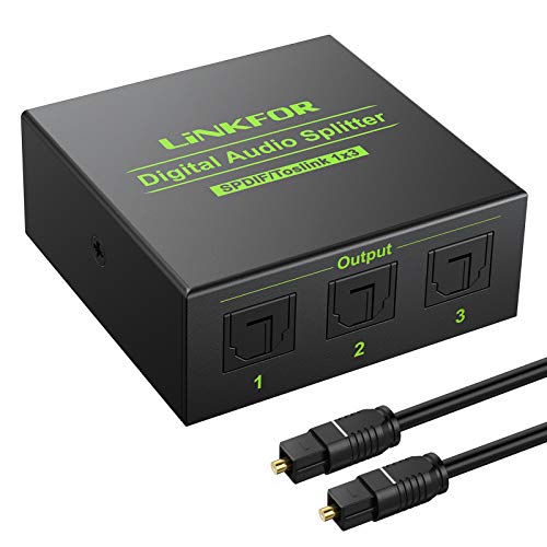 LiNKFOR Digital Optical Audio 1x3 Splitter Digital SPDIF Toslink Optical Fiber Audio Splitter 1 in 3 Out Aluminum Alloy with Optical Cable for PS3 Xbox Blue-Ray DVD HDTV
