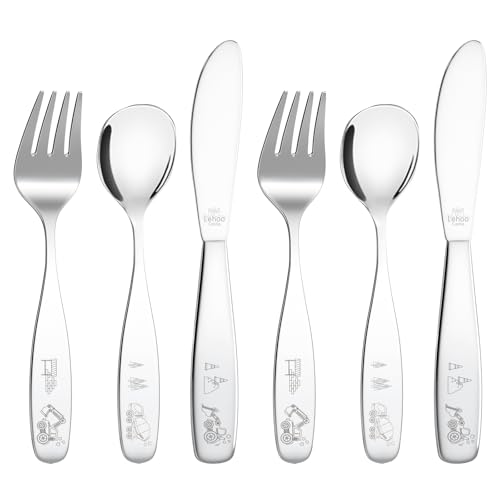 Lehoo Castle Toddler Kids Cutlery Set, 6 Pcs Stainless Steel Travel Camping Baby Cutlery Sets - 2 x Forks, 2 x Spoons, 2 x Knives, Children's Dinner Knife and Fork Sets (Construction Vehicles)