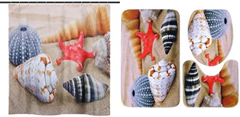 Vanvler Christmas Bathroom Rug Set, 4PCS Holiday Sea Style Non Slip Toilet Seat Cushion Mat +Shower Curtain