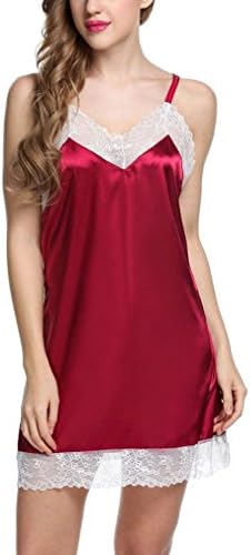Nacy Womens Sexy Charmeuse Chemise Strap Lingerie Babydoll Dress Nightgown (XS, Red)