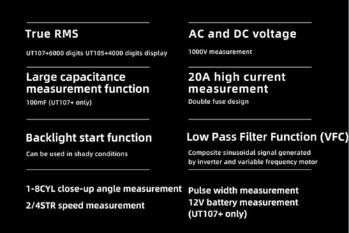 UNI-T UT107+ Digital Automotive Multimeter TRMS 6000 Counts 1000V 20A AC/DC Voltmeter Ammeter 12V Battery Tester Accurately Measure Pulse Width Dwell Angle RPM Duty-Cycle Capacitance For Automotive