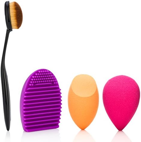Oval Makeup Brush Set | 1 Oval Brush, 1 MakeUp Brush Washing Cleaning Scrubber Board, 2 Latex-Free Miracle Orange and Pink - Use Wet or Dry Sponges | Flawless Coverage Of Your Favorite Foundation