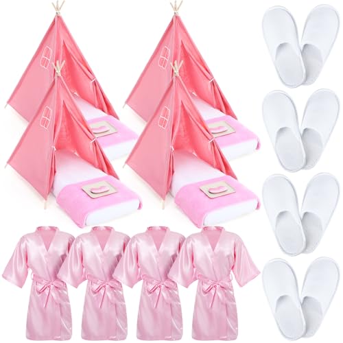 Breathffy 4 Set Girls Sleepover Teepee Tent Kit Inflatable Airbed Bedding Fitted Sheet Pink Satin Kimono Robe Eye Shade Slipper Play Washable Slumber Party Tent for Indoor Outdoor Christmas