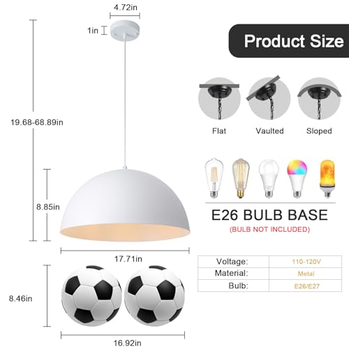 18 inch White Dome Pendant Light, Modern Farmhouse White Pendant Light, Large Pendant Lamp for Kitchen Island Dining Room Bedroom Hallway Foyer
