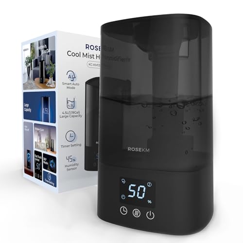 ROSEKM Automatic Humidifiers for Bedroom Large Room, 4.5L Cool Mist Humidifier for Home & Plant with Timer & Humidity Sensor, Last Up to 18H on High Setting, Auto Shut-Off, 360° Nozzle (Black)