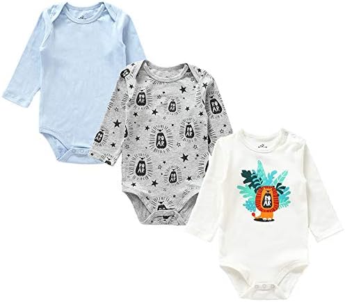 Baby Boy's Long Sleeves Print Bodysuit Snap Closure Cotton Sleep and Play, 3-Pack
