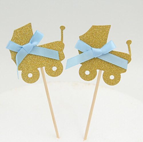 10 Pack Gold Glitter Baby Wagon Cupcake Toppers with Blue Bow Baby Kids Birthday Party Baby Shower Decoration