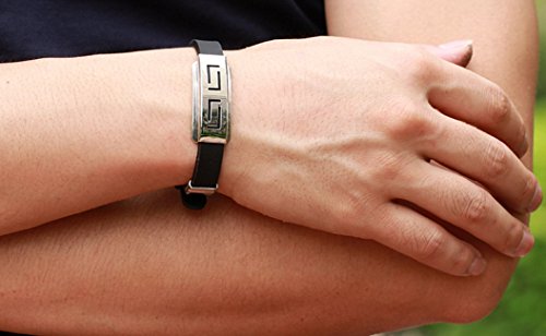 MOWOM Silver Tone Black Stainless Steel Rubber Bracelet Bangle Cuff Greek Adjustable - Thumbnail 2