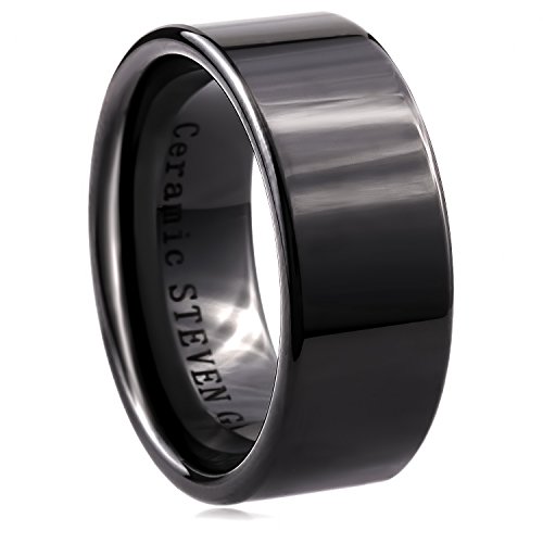 STEVEN G Black Ceramic Flat Band Style Wedding / Fashion Ring 10mm Wide High Polish Unisex Comfort Fit