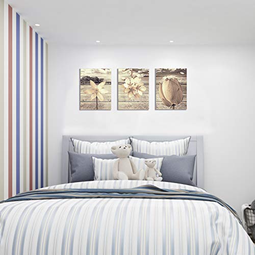 Canvas Art for Living Room Khaki Flower Wall Decor Painting and Brown Background Floral Print Pictures Artwork (12x16inch x3pcs)