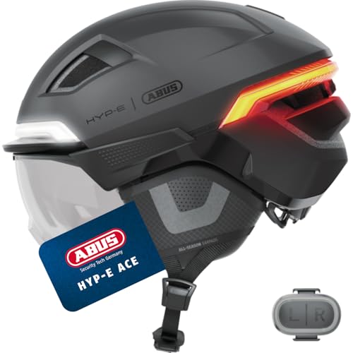 ABUS Fahrradhelm HYP-E ACE - mit Frontlicht, Rücklicht und Blinklicht - mit Visier (klar) und Ohrenschützern - geeignet auch für E-Bike und S-Pedelec - für Damen und Herren - Größe L, Grau