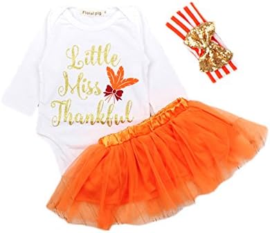 Dovee 3Pcs Baby Girls Thanksgiving White Long Sleeve Onesie Orange Tutu Stripe Headband Bodysuit