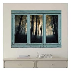 Vintage Teal Window Looking Out Into a Foggy and Dark Forest - Wall Mural, Removable Sticker, Home Decor - 24x32 inches