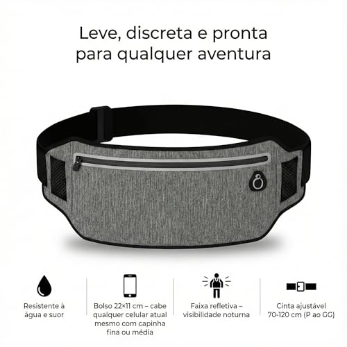 Pochete Esportiva Corrida Impermeável Refletiva Leve 90g – Celular até 7" (iPhone 15 Pro Max / S24 Ultra) – Unissex Ajustável (Preto)